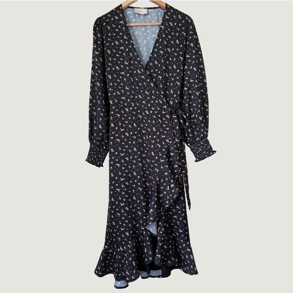 Neo Noir Dark Romantic Floral Wrap Midi Dress Black  Ruffle Long Sleeve Fairy M